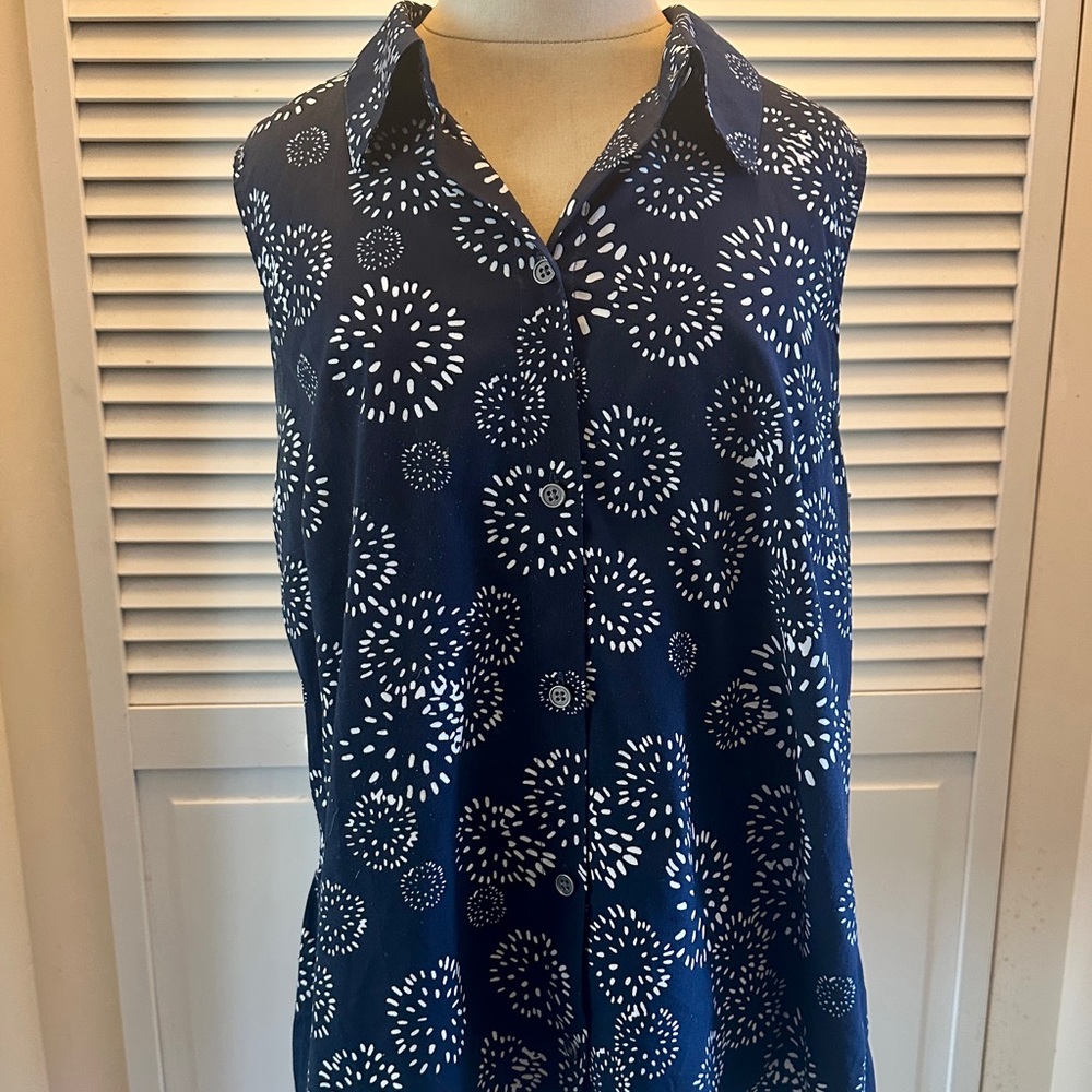 CAbi Style 5215 Dark Blue Sleeveless Top with White Dot Design